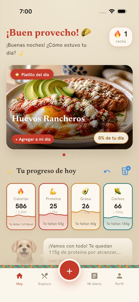 Tablero de Macro mostrando calorías, proteína, grasa y carbohidratos del día, un platillo destacado y la barra de navegación