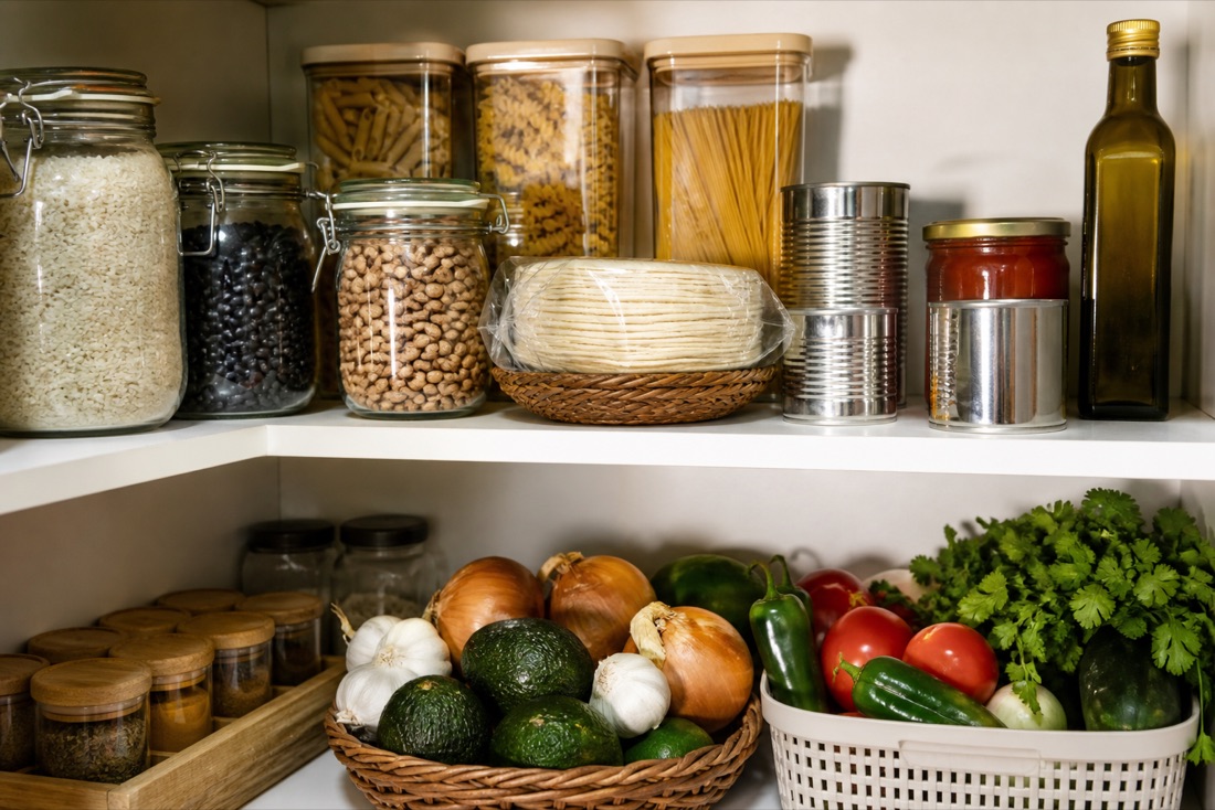 Alacena con arroz, frijoles, pasta, tortillas y verduras — lista para que Macro sugiera qué cocinar