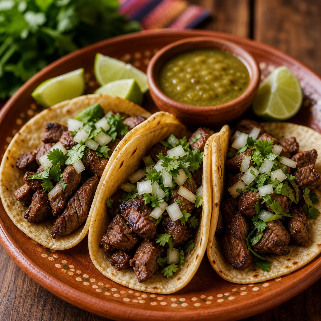 Tacos de bistec con salsa verde en un plato de barro