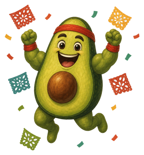 Aguacate, la mascota aguacate luchador de Macro, celebrando entre papel picado